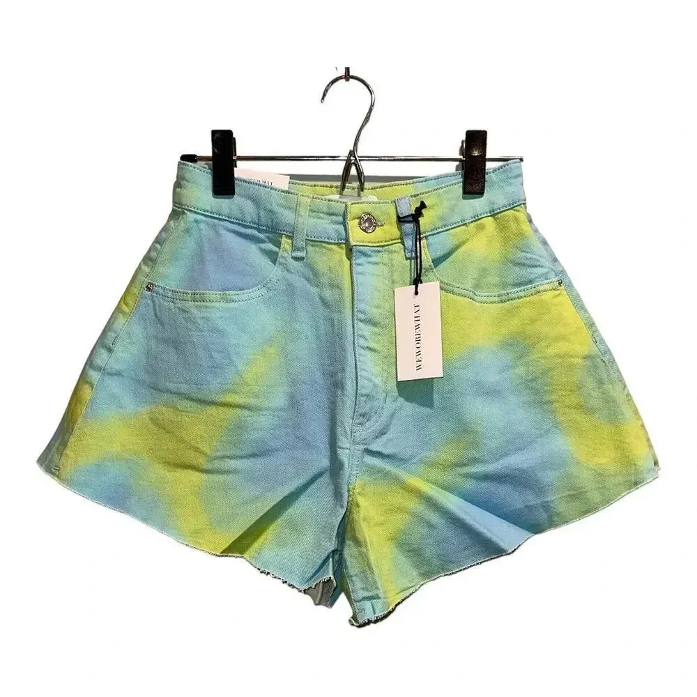 NWT WEWOREWHAT Flare Stretch Twill Denim Bell Short In Tie Dye - Picture 1 of 7